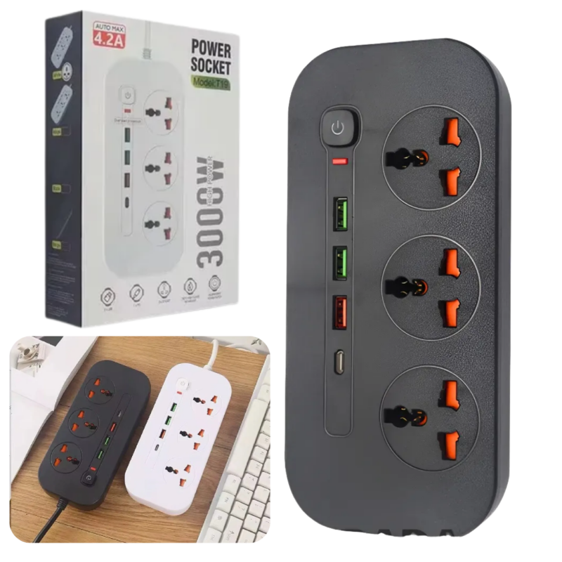 Zapatilla Turbo Power 3 Enchufes + 3 USB + 1 USB-C SOCKET T19