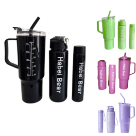 SET VASO2 BOTELLAS COLORES TAPA TRANSPARENTE MH004