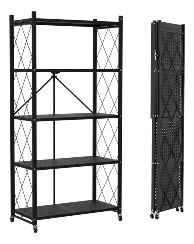 Estantería Plegable Metal 5 Estantes Movible Ruedas Negro Negro ORYX